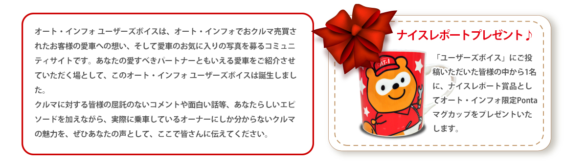 「ユーザーズボイス」にご投稿いただいた皆様の中から1名に、ナイスレポート賞品としてオート・インフォ限定Pontaマグカッププレゼントいたします。